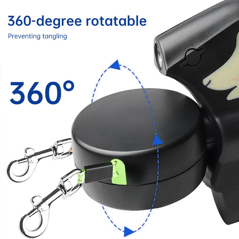 Dual Dog Leash with LED Light - Tangle-Free 360deg Retractable, 10ft