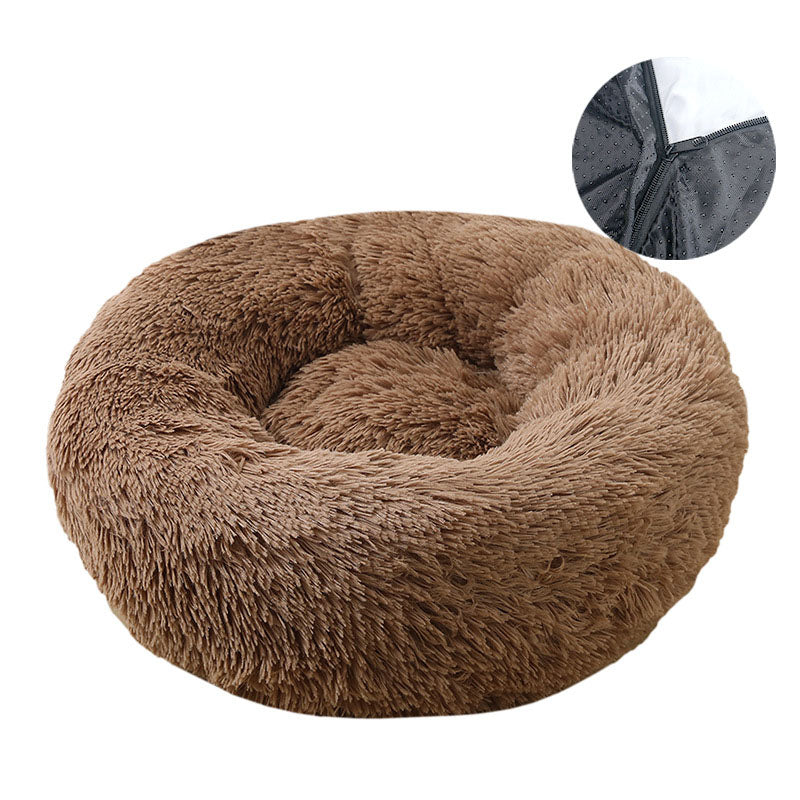 Round Plush Pet Bed - Removable, Washable Cover for Cats & Dogs