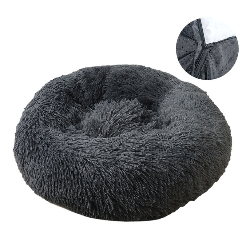 Round Plush Pet Bed - Removable, Washable Cover for Cats & Dogs