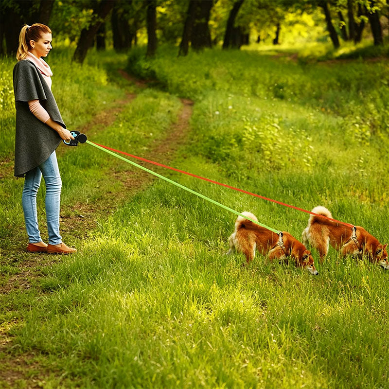 Dual Dog Leash with LED Light - Tangle-Free 360deg Retractable, 10ft