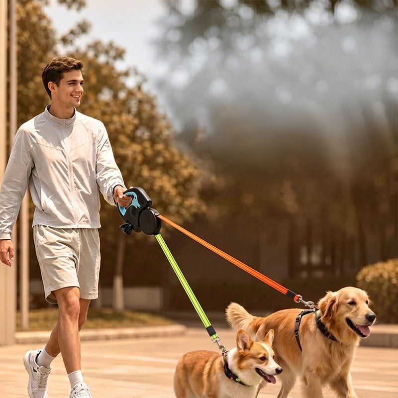 Dual Dog Leash with LED Light - Tangle-Free 360deg Retractable, 10ft