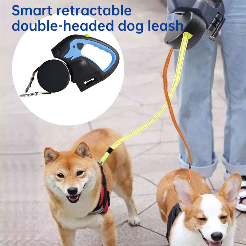 Dual Dog Leash with LED Light - Tangle-Free 360deg Retractable, 10ft