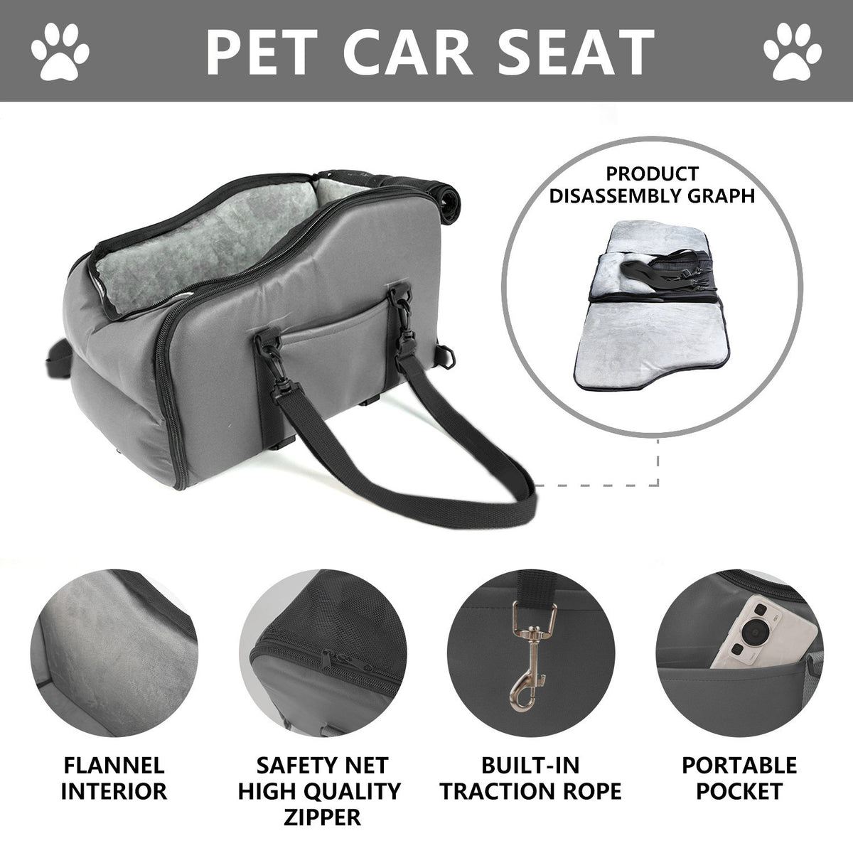 Portable Car Center Console Pet Bed - Travel Safety Seat for Small Dogs
